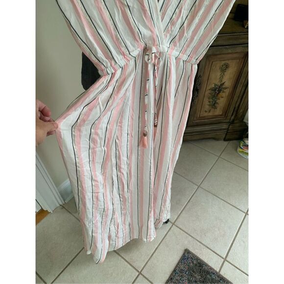 Blue Island Rose Pink White & Gold Metallic Thread Striped Maxi Dress - Picture 8 of 9